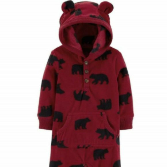 Carter's Other - Baby Bear Hooded w/3D Ears One-Piece Fleece Jumpsuit, Red and Black Bear